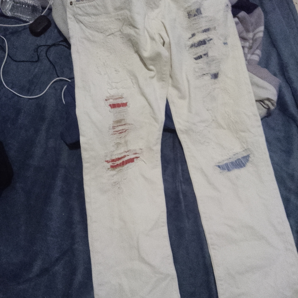 Distressed White Jeans with Red and Blue Accents
